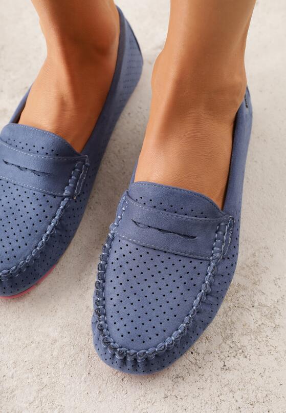 Niebieskie Ażurowe Mokasyny ze Skórzaną Wkładką Ozdobione Przeszyciami Sylilise 3