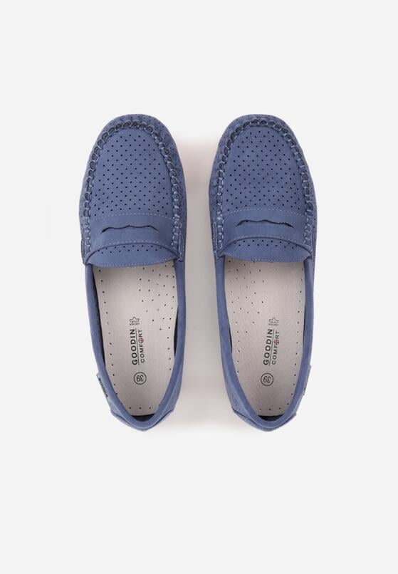 Niebieskie Ażurowe Mokasyny ze Skórzaną Wkładką Ozdobione Przeszyciami Sylilise 6