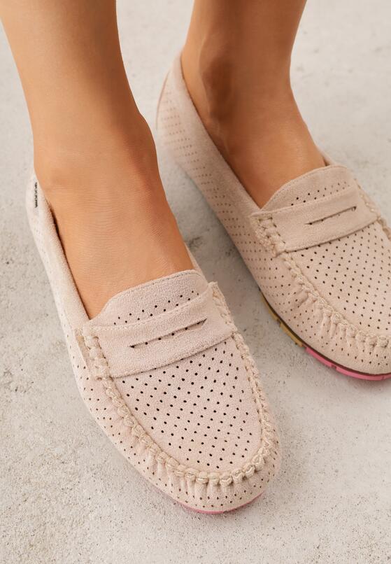 Beżowe Ażurowe Mokasyny ze Skórzaną Wkładką Ozdobione Przeszyciami Sylilise 3