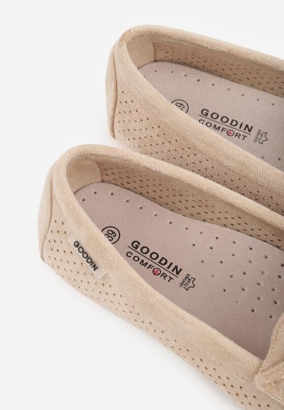 Beżowe Ażurowe Mokasyny ze Skórzaną Wkładką Ozdobione Przeszyciami Sylilise 9