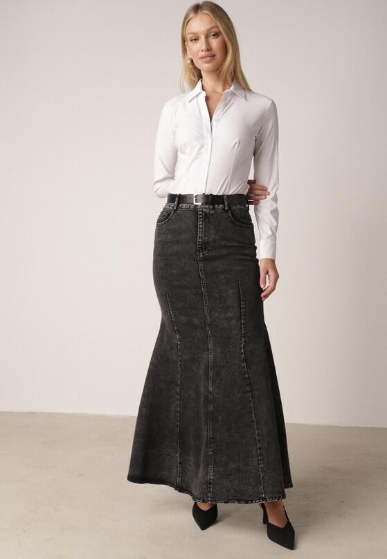 Czarna Bawełniana Spódnica Denimowa o Kroju Syrenki z Paskiem Agenia 4