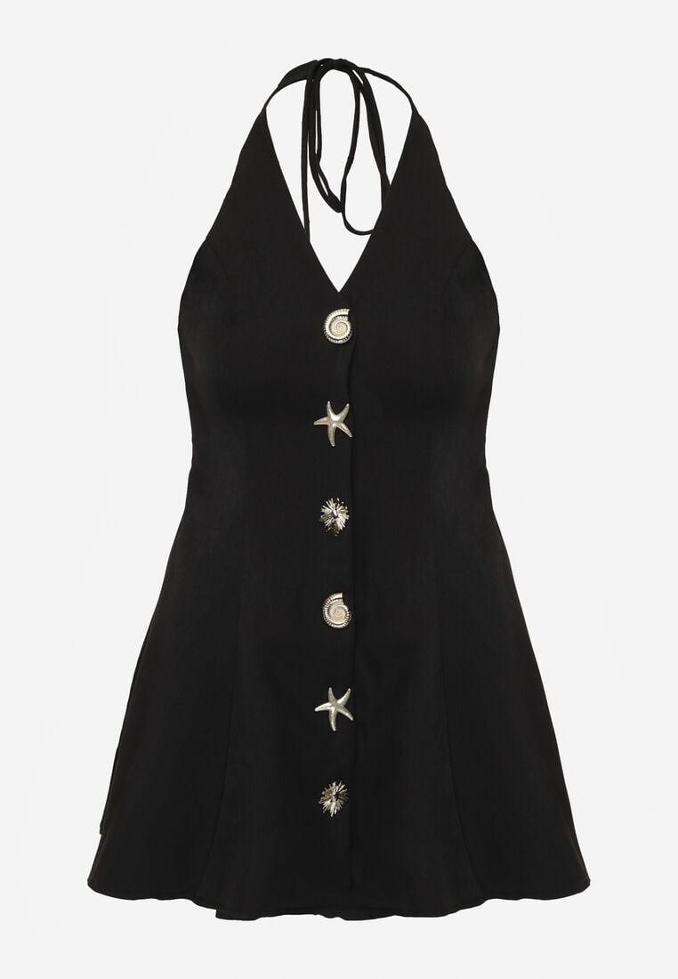 Czarna Sukienka Taliowana Wiązana na Szyi z Ozdobnymi Guzikami Cilamene 6