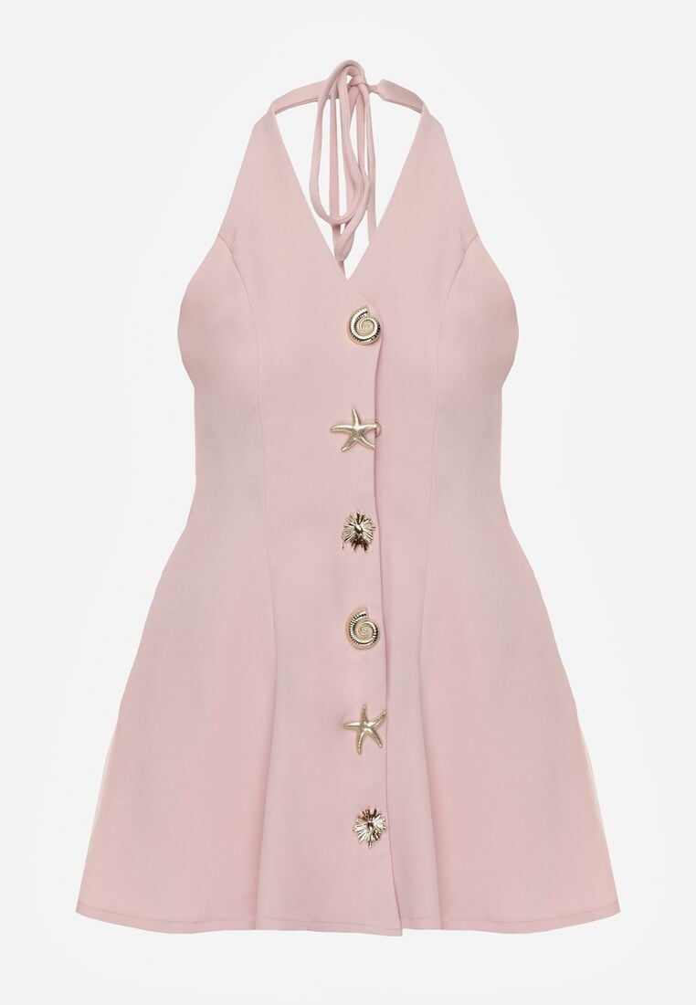 Różowa Sukienka Taliowana Wiązana na Szyi z Ozdobnymi Guzikami Cilamene 6