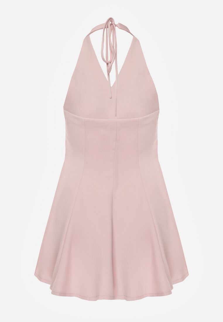 Różowa Sukienka Taliowana Wiązana na Szyi z Ozdobnymi Guzikami Cilamene 7