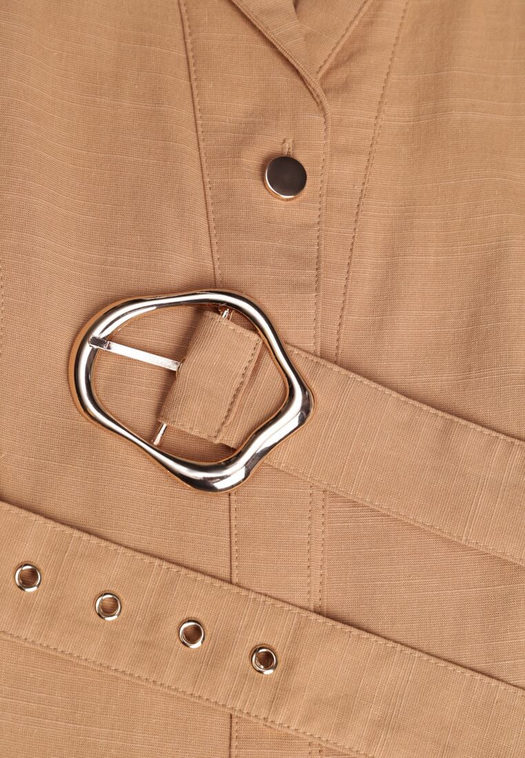 Beżowa Koszulowa Sukienka Bez Rękawów z Wiskozy i Bawełny z Paskiem Suranon 8