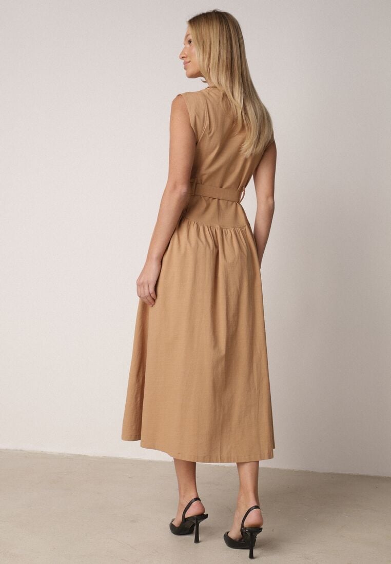 Beżowa Koszulowa Sukienka Bez Rękawów z Wiskozy i Bawełny z Paskiem Suranon 3