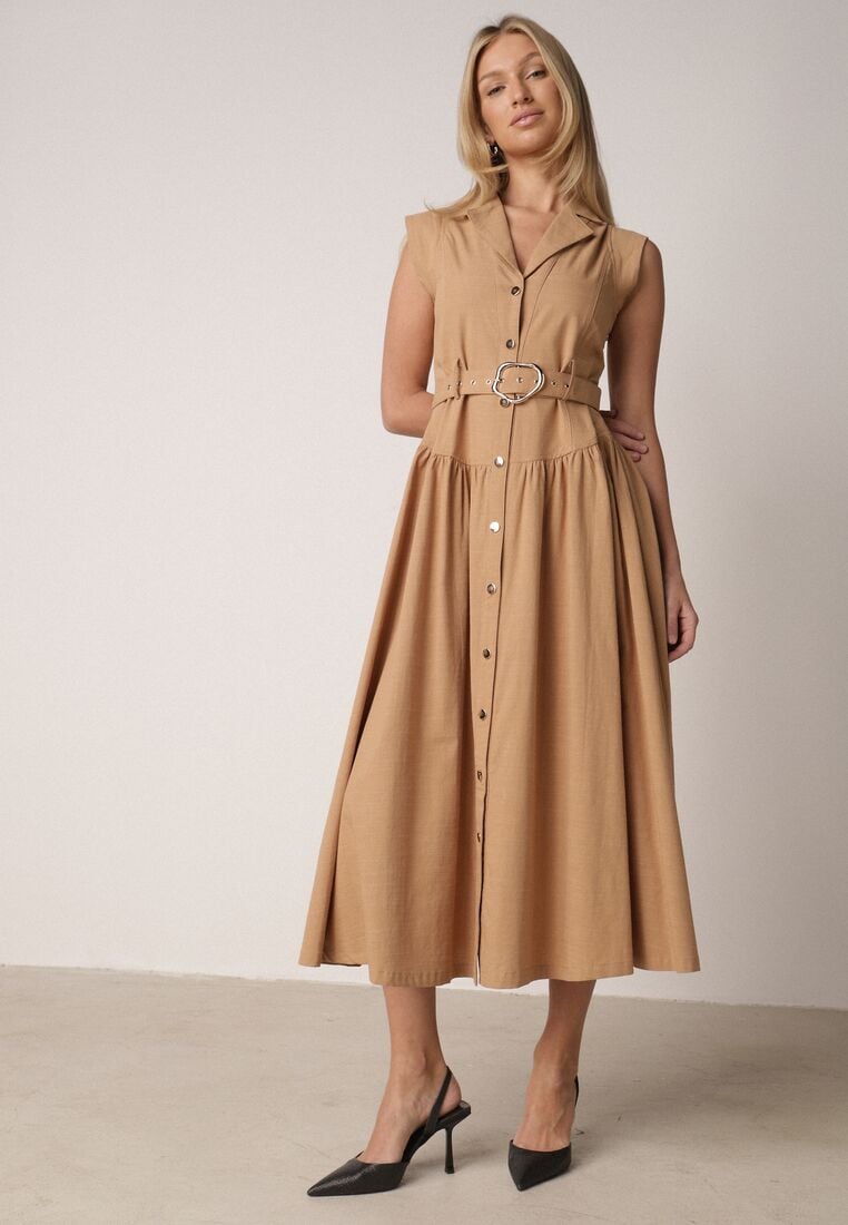 Beżowa Koszulowa Sukienka Bez Rękawów z Wiskozy i Bawełny z Paskiem Suranon 5