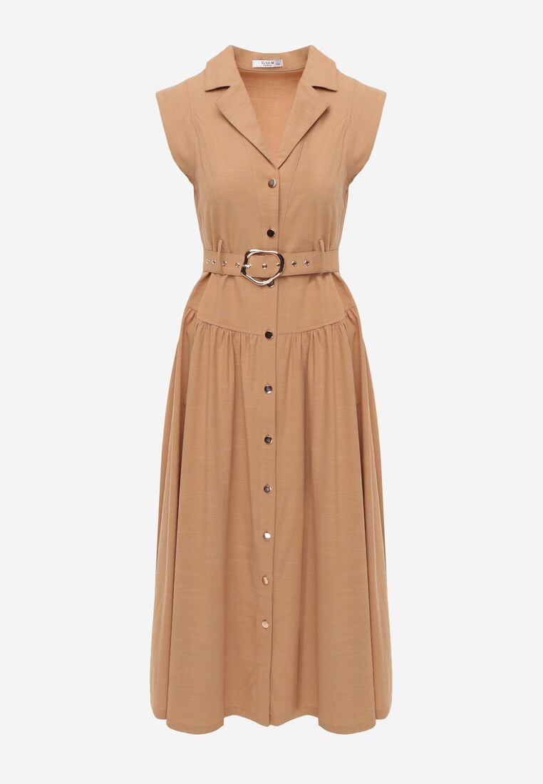 Beżowa Koszulowa Sukienka Bez Rękawów z Wiskozy i Bawełny z Paskiem Suranon 6