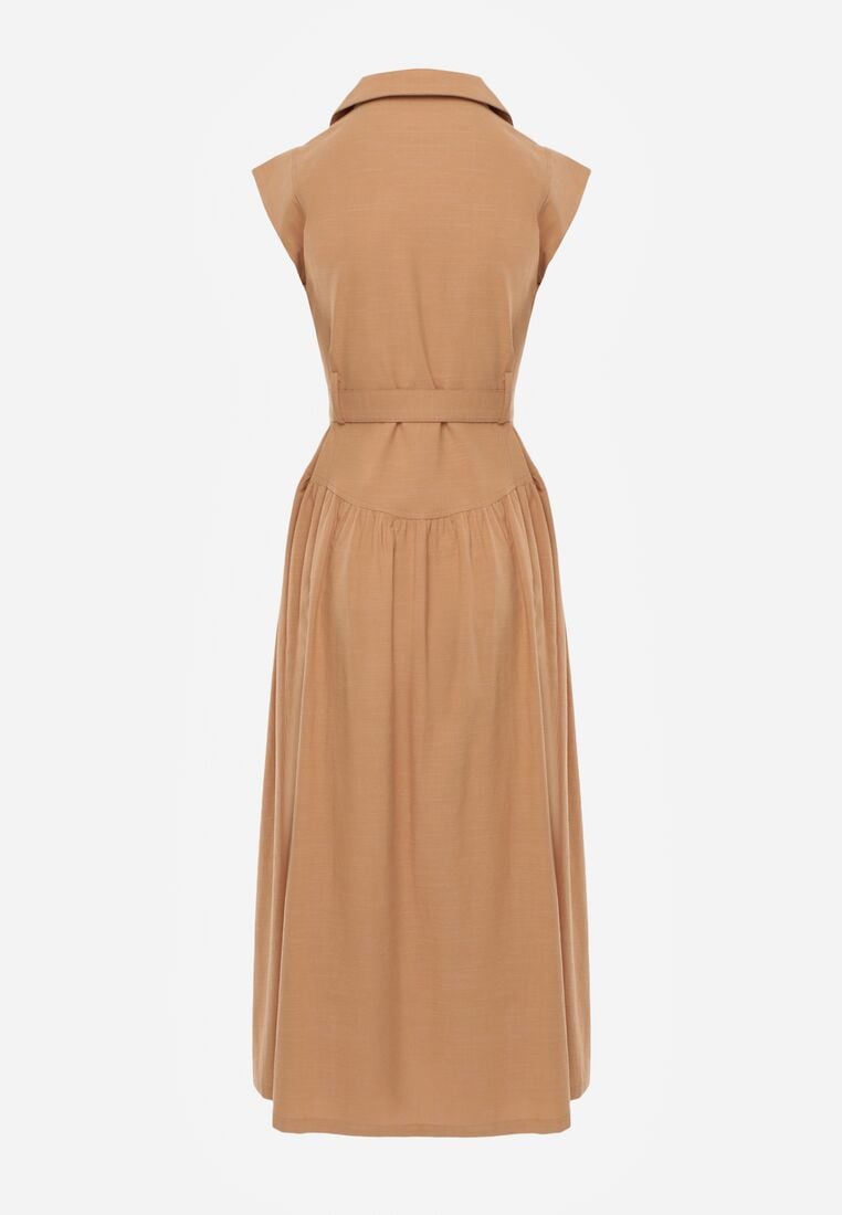 Beżowa Koszulowa Sukienka Bez Rękawów z Wiskozy i Bawełny z Paskiem Suranon 7