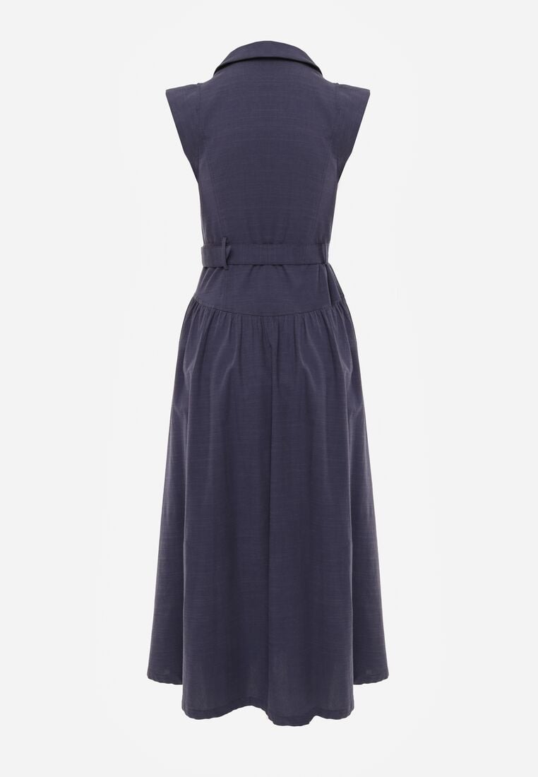 Granatowa Koszulowa Sukienka Bez Rękawów z Wiskozy i Bawełny z Paskiem Suranon 7