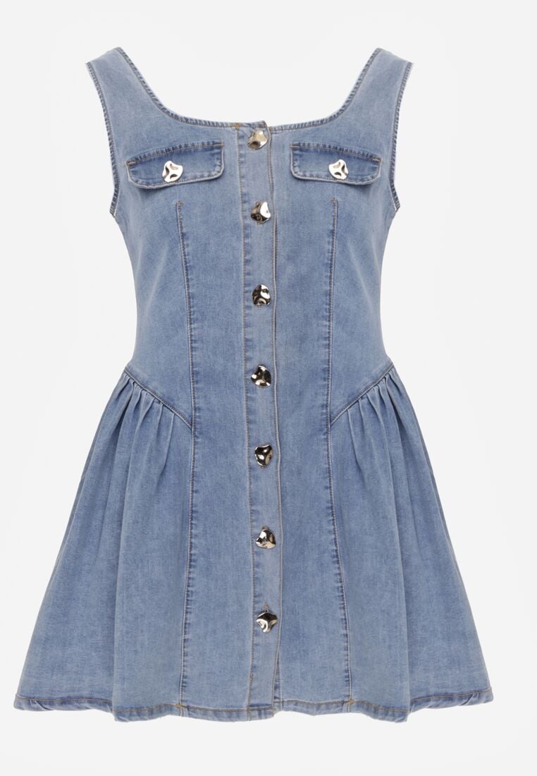 Jasnoniebieska Jeansowa Sukienka z Bawełny o Rozkloszowanym Kroju z Guzikami Nikesilea 6