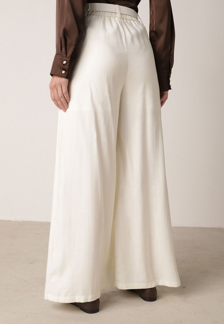Białe Szerokie Spodnie Wiskozowe w Garniturowym Stylu z Paskiem Qera 3