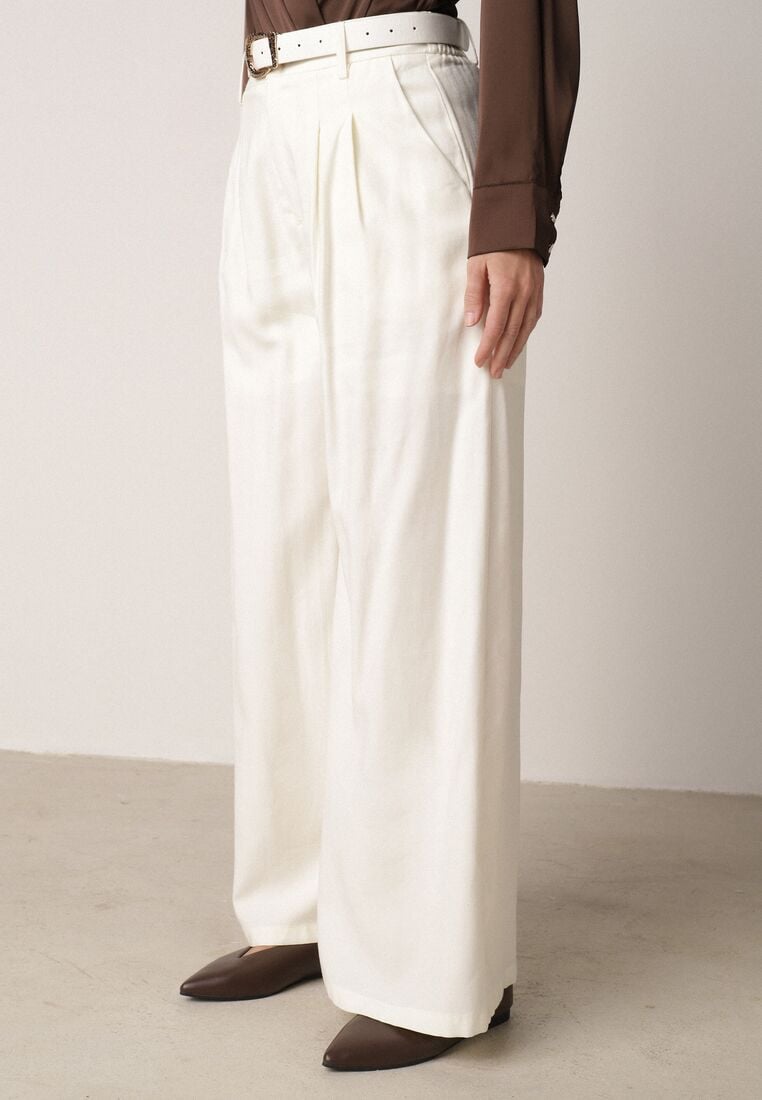 Białe Szerokie Spodnie Wiskozowe w Garniturowym Stylu z Paskiem Qera 4