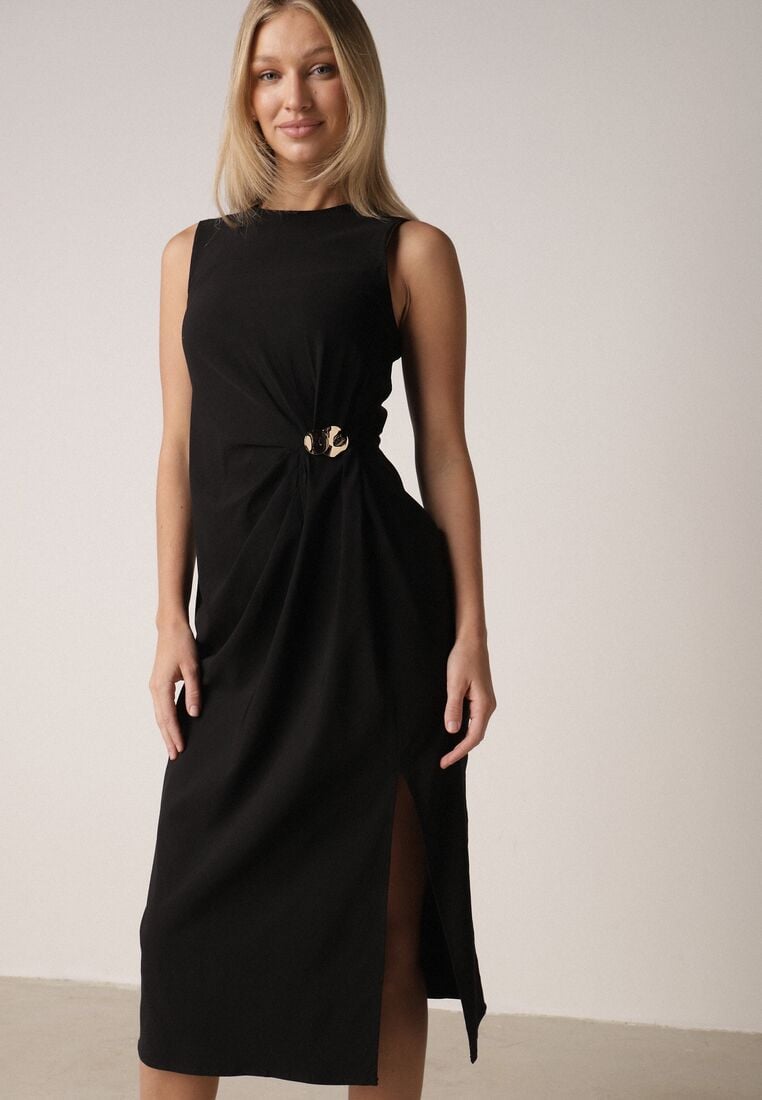Czarna Sukienka z Wiskozą z Metaliczną Aplikacją i Rozcięciem na Nogę Aeradina 1
