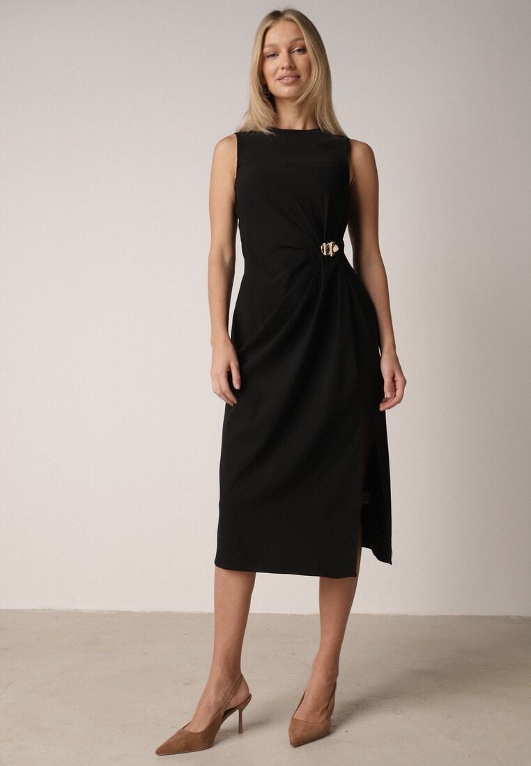 Czarna Sukienka z Wiskozą z Metaliczną Aplikacją i Rozcięciem na Nogę Aeradina 2