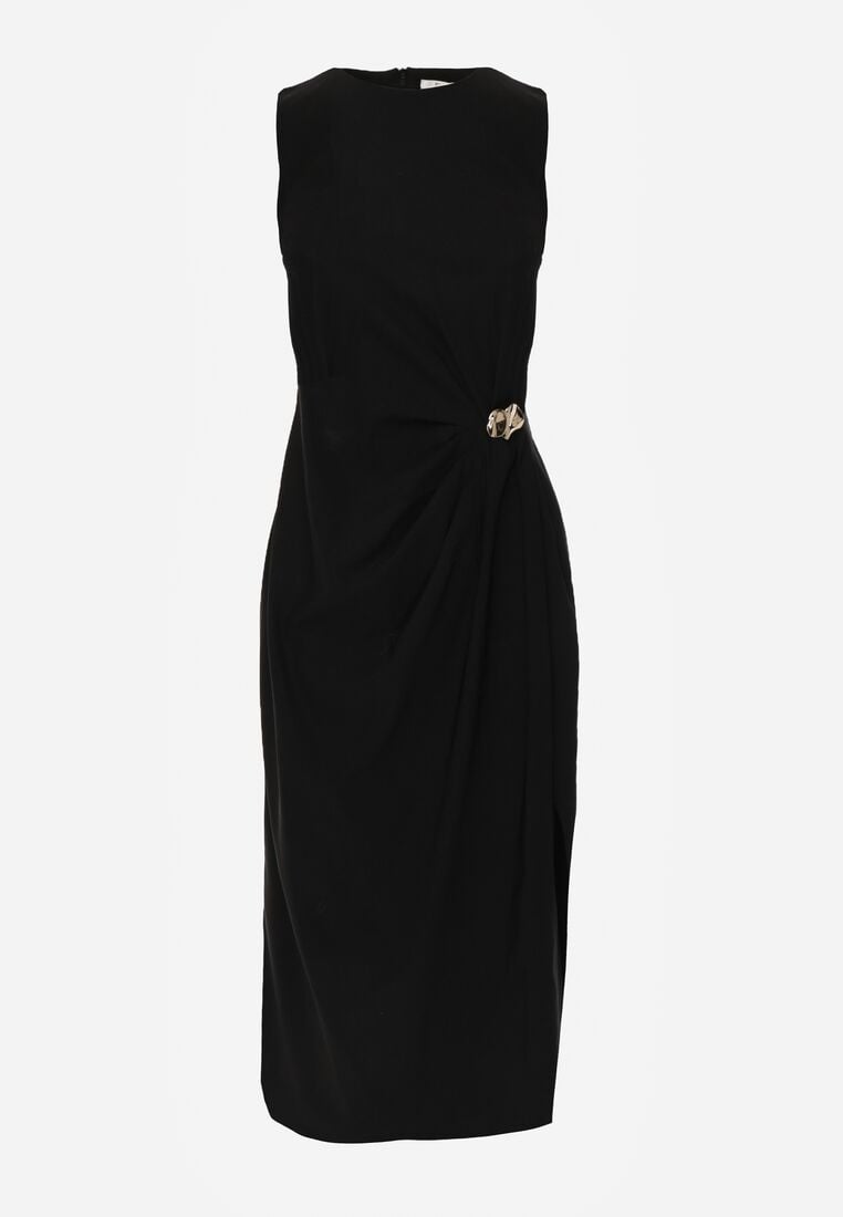 Czarna Sukienka z Wiskozą z Metaliczną Aplikacją i Rozcięciem na Nogę Aeradina 6