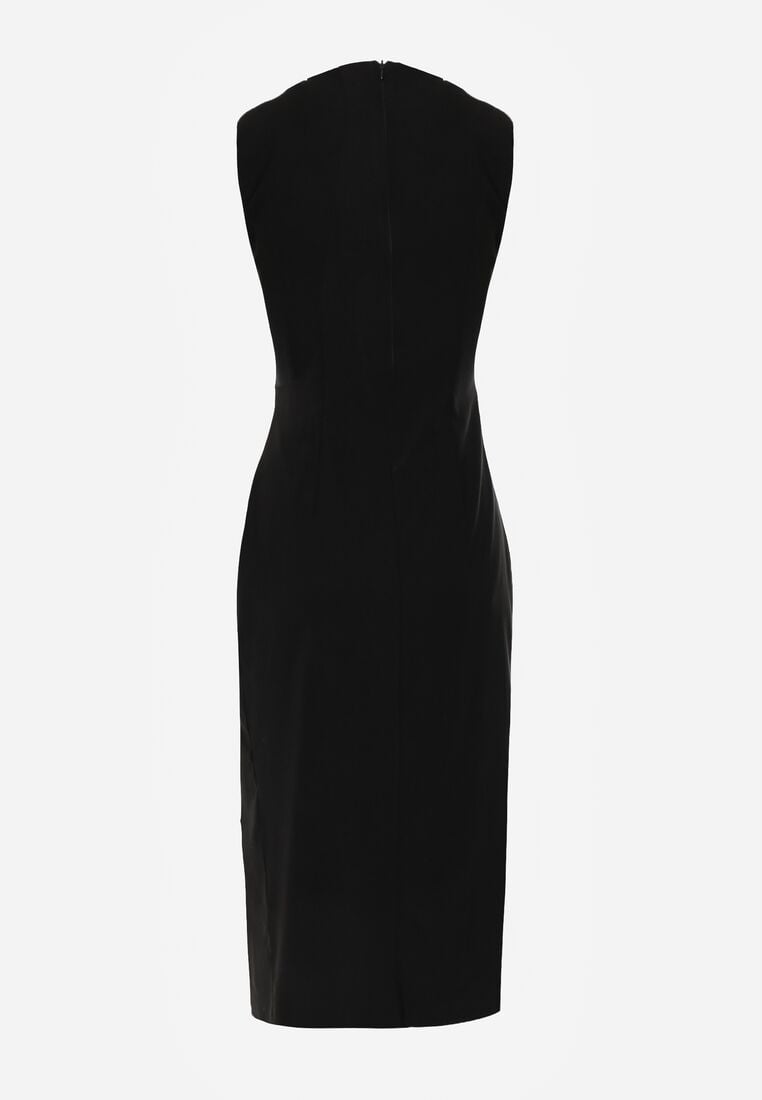Czarna Sukienka z Wiskozą z Metaliczną Aplikacją i Rozcięciem na Nogę Aeradina 7