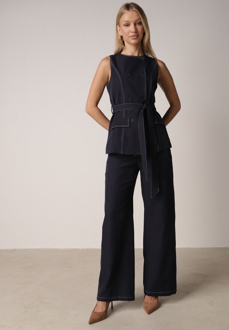 Granatowy Komplet Garniturowy Kamizelka z Paskiem i Szerokie Spodnie Zina 1
