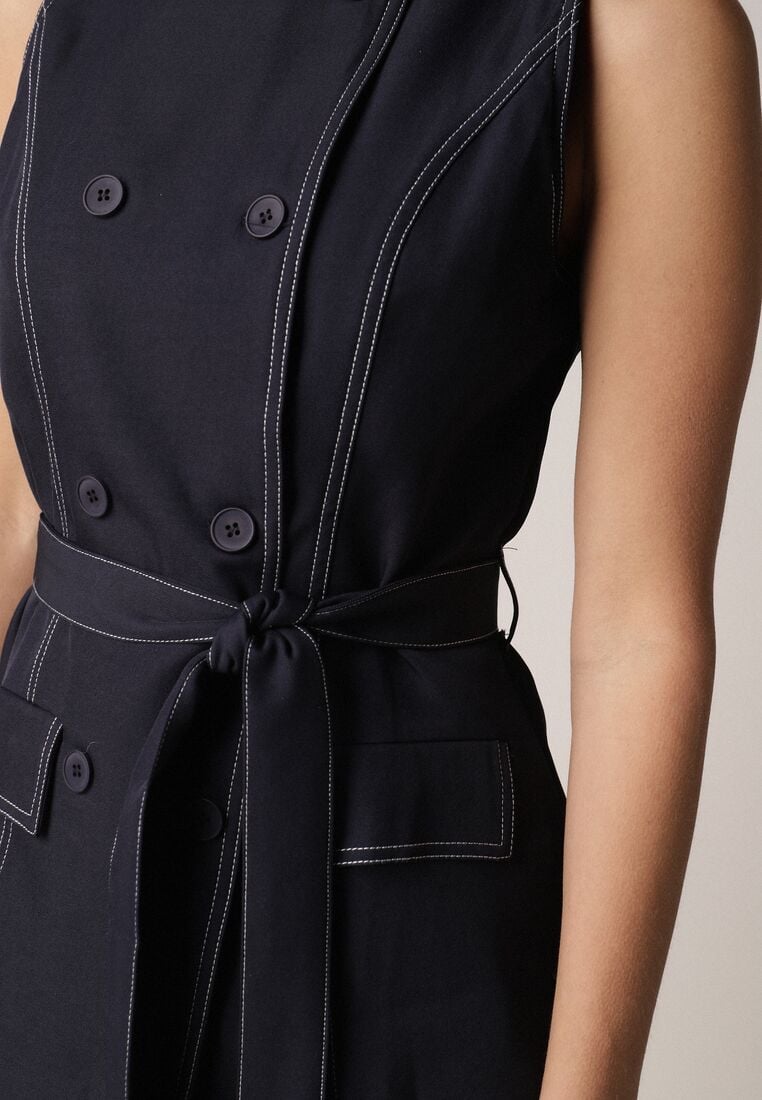 Granatowy Komplet Garniturowy Kamizelka z Paskiem i Szerokie Spodnie Zina 5