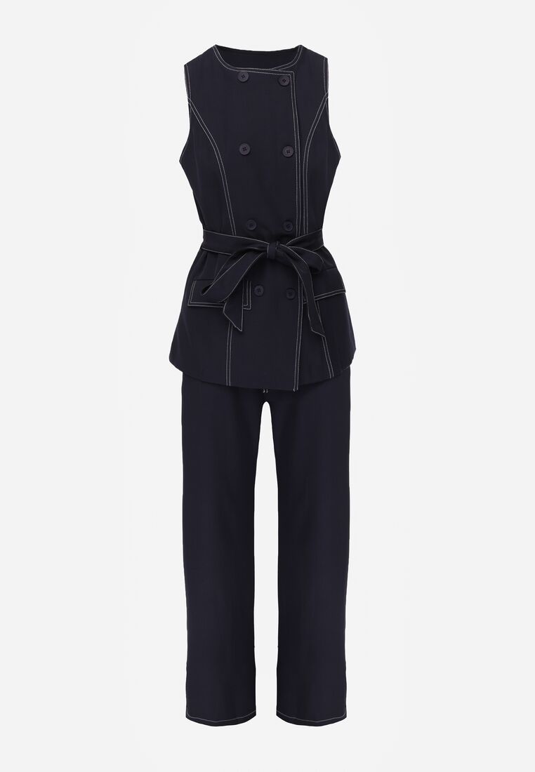 Granatowy Komplet Garniturowy Kamizelka z Paskiem i Szerokie Spodnie Zina 6