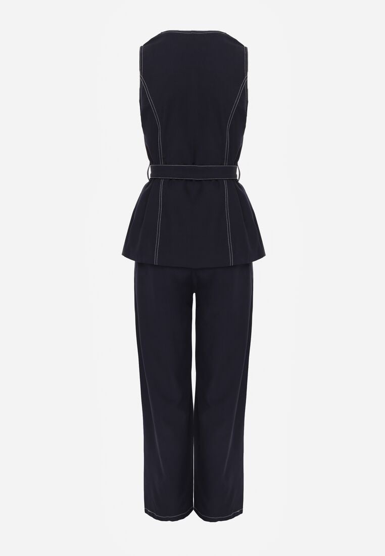 Granatowy Komplet Garniturowy Kamizelka z Paskiem i Szerokie Spodnie Zina 7