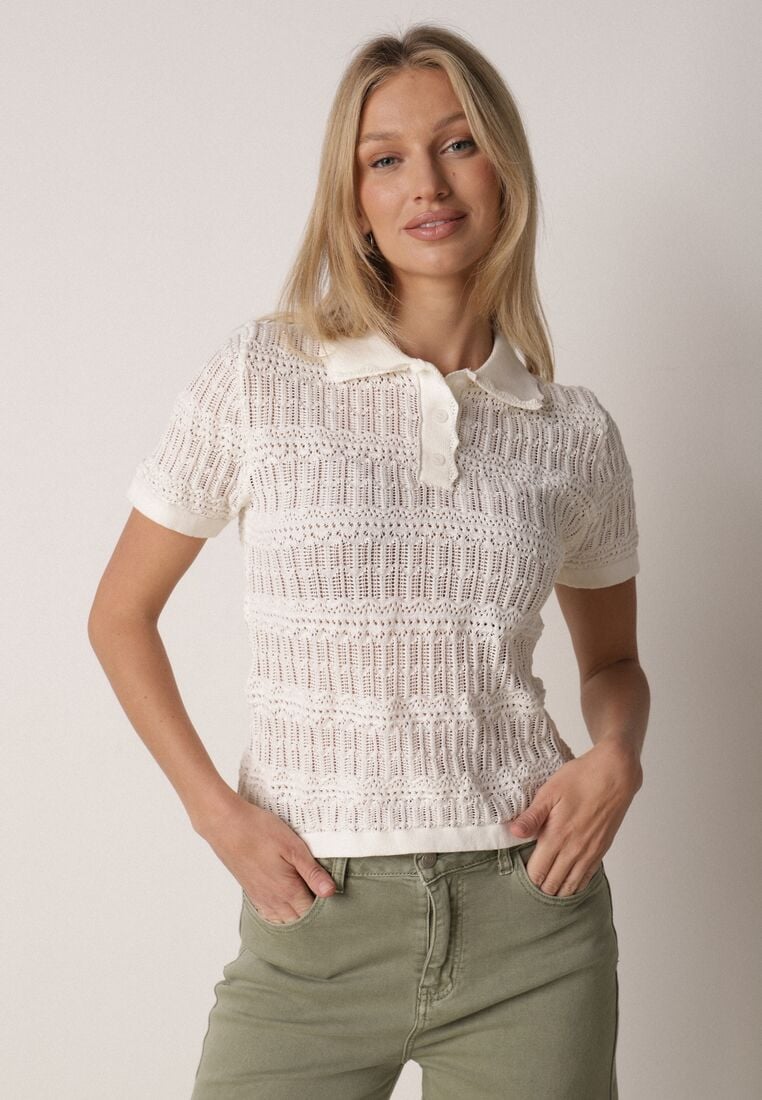 Beżowa Szydełkowa Bluzka z Wiskozy z Guzikami i Kołnierzykiem Calime 1