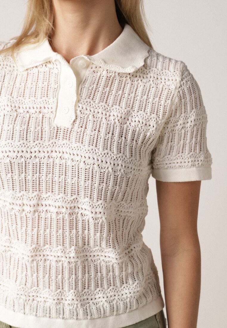 Beżowa Szydełkowa Bluzka z Wiskozy z Guzikami i Kołnierzykiem Calime 5