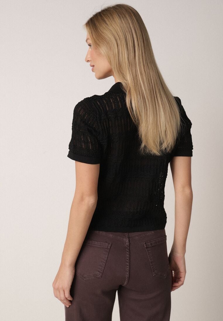 Czarna Szydełkowa Bluzka z Wiskozy z Guzikami i Kołnierzykiem Calime 3