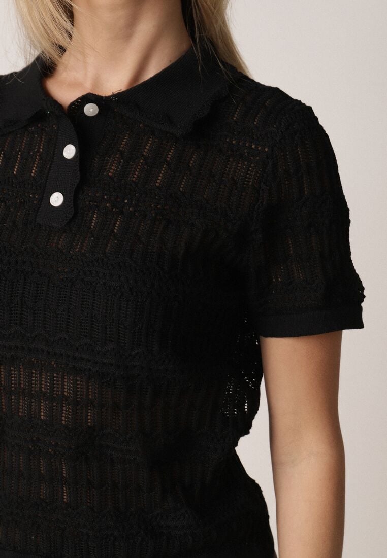 Czarna Szydełkowa Bluzka z Wiskozy z Guzikami i Kołnierzykiem Calime 5