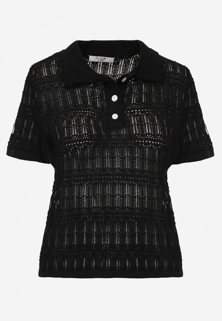 Czarna Szydełkowa Bluzka z Wiskozy z Guzikami i Kołnierzykiem Calime 6