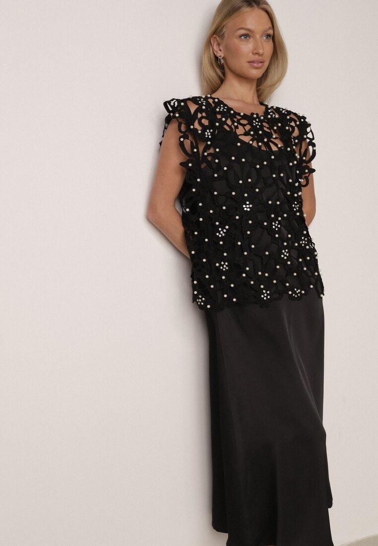 Czarna Satynowa Sukienka na Ramiączka z Wiskozy i Bawełny z Narzutką Messishis 1