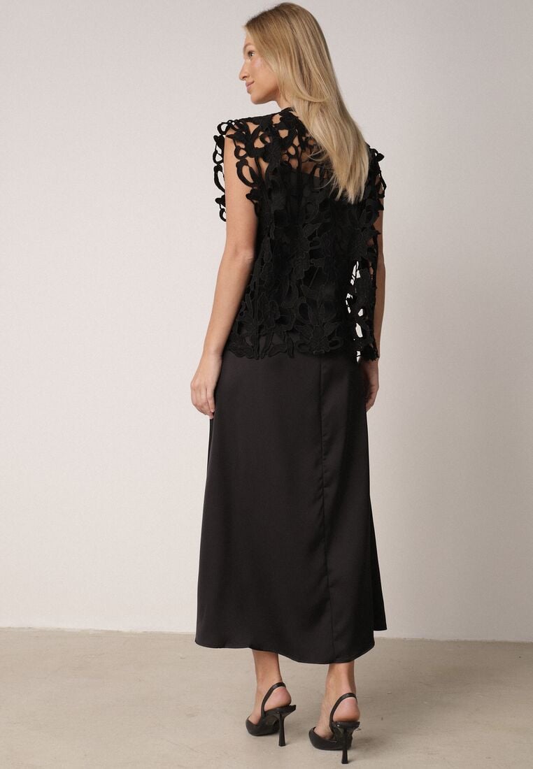 Czarna Satynowa Sukienka na Ramiączka z Wiskozy i Bawełny z Narzutką Messishis 3