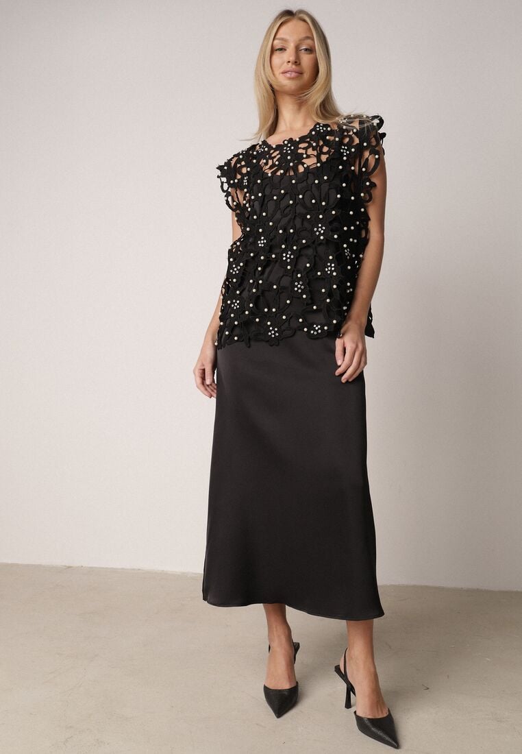 Czarna Satynowa Sukienka na Ramiączka z Wiskozy i Bawełny z Narzutką Messishis 5