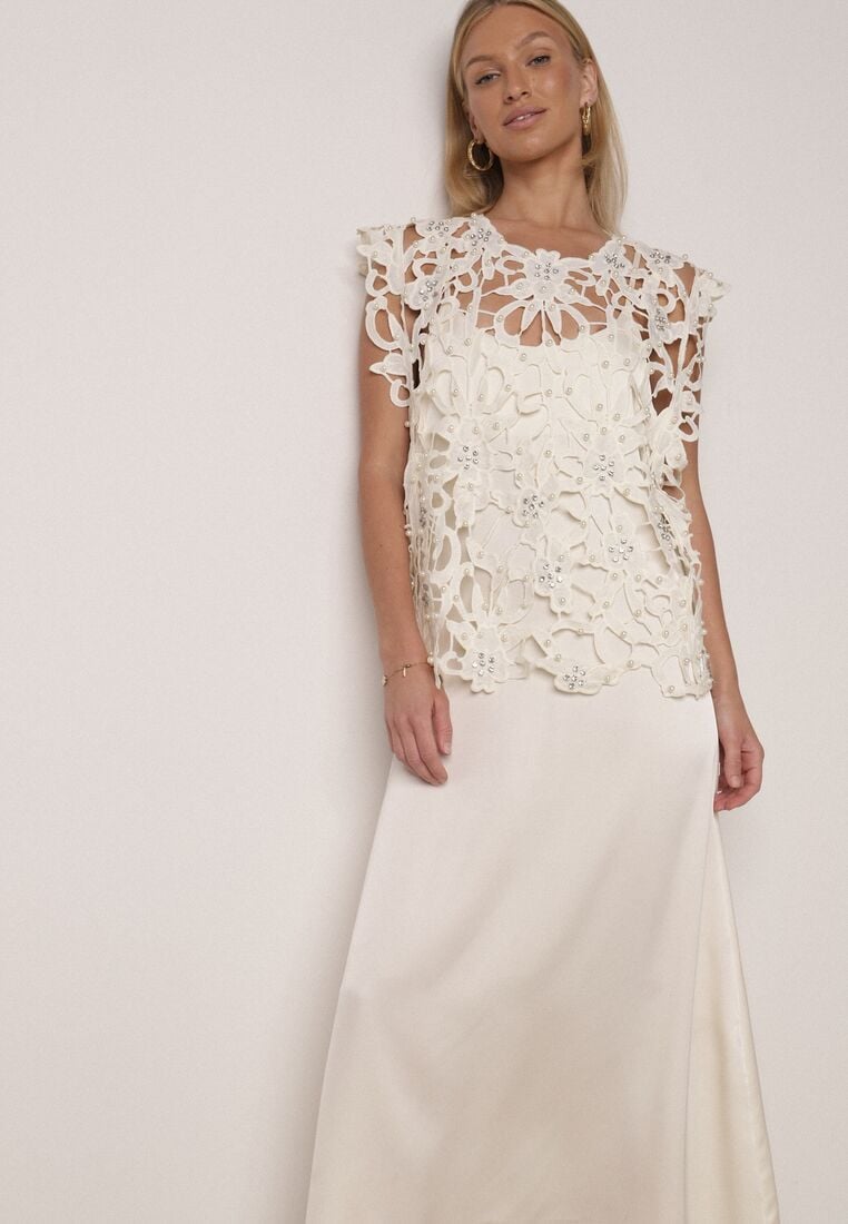 Jasnobeżowa Satynowa Sukienka na Ramiączka z Wiskozy i Bawełny z Narzutką Messishis 1