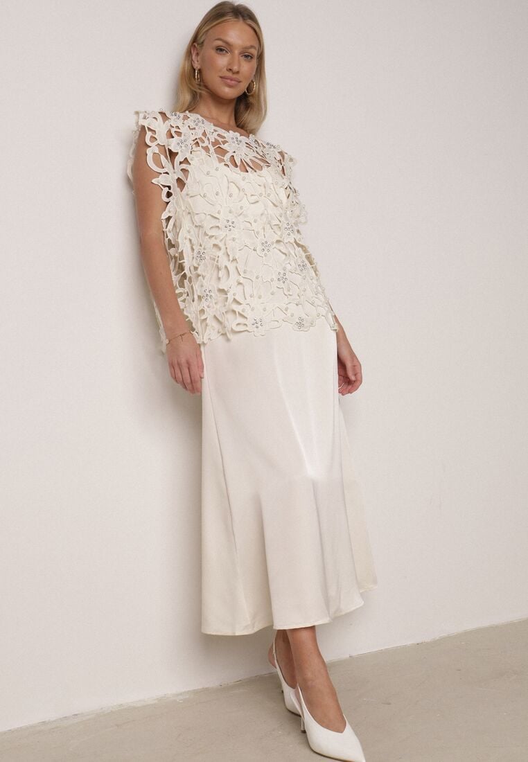 Jasnobeżowa Satynowa Sukienka na Ramiączka z Wiskozy i Bawełny z Narzutką Messishis 2