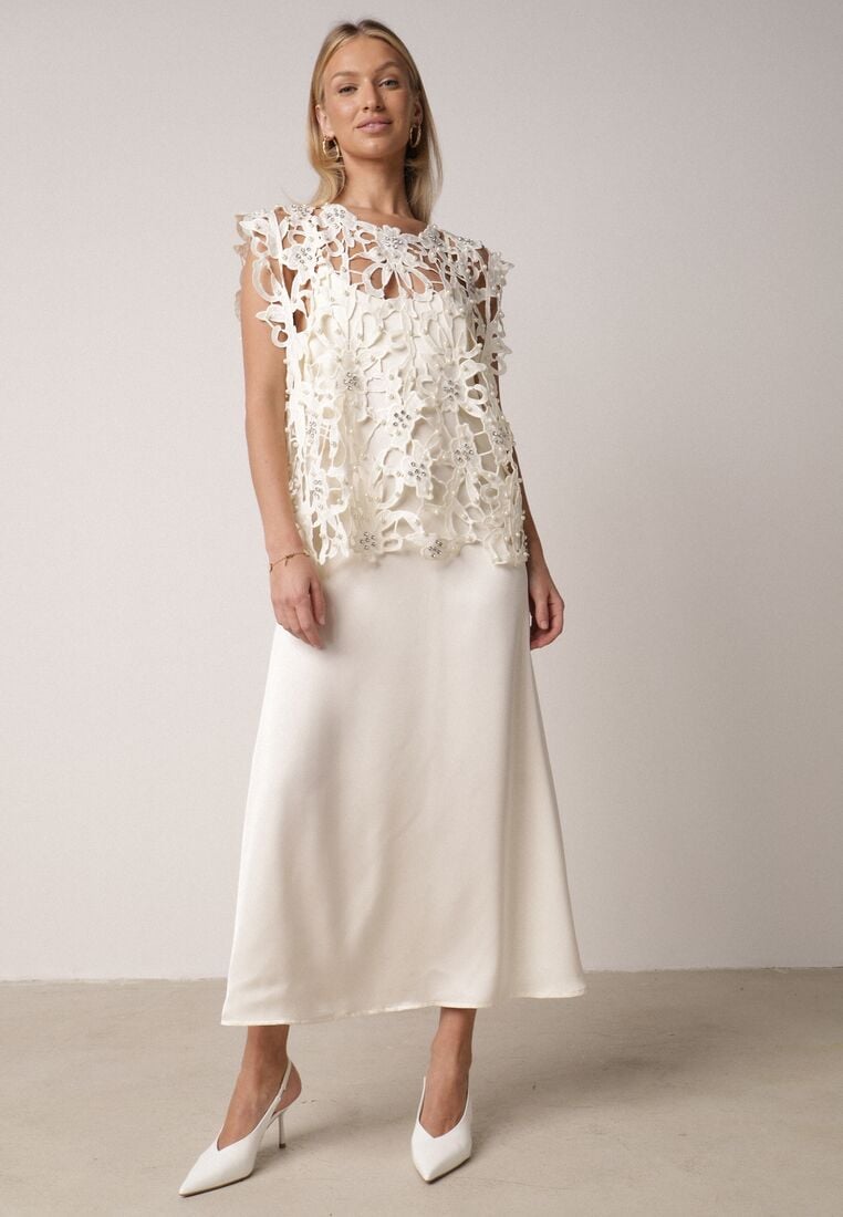 Jasnobeżowa Satynowa Sukienka na Ramiączka z Wiskozy i Bawełny z Narzutką Messishis 4