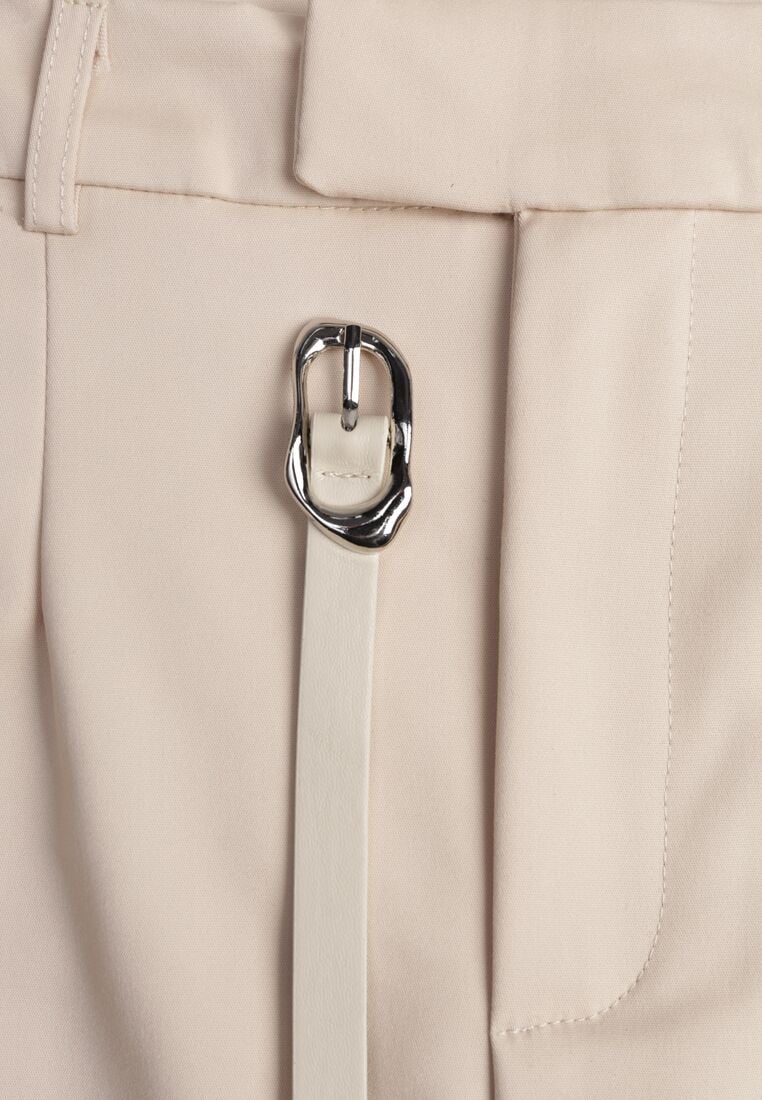 Beżowa Ołówkowa Spódnica z Bawełną z Paskiem i Podszewką Typu Szorty Vikisola 8