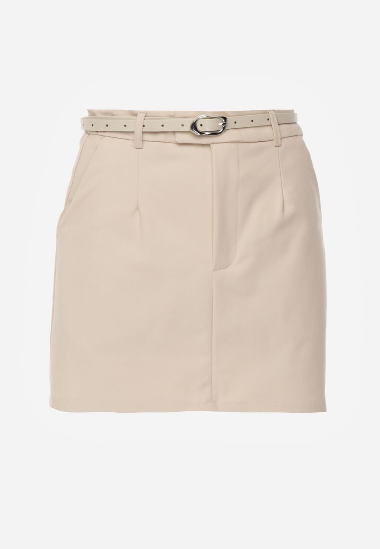 Beżowa Ołówkowa Spódnica z Bawełną z Paskiem i Podszewką Typu Szorty Vikisola 6