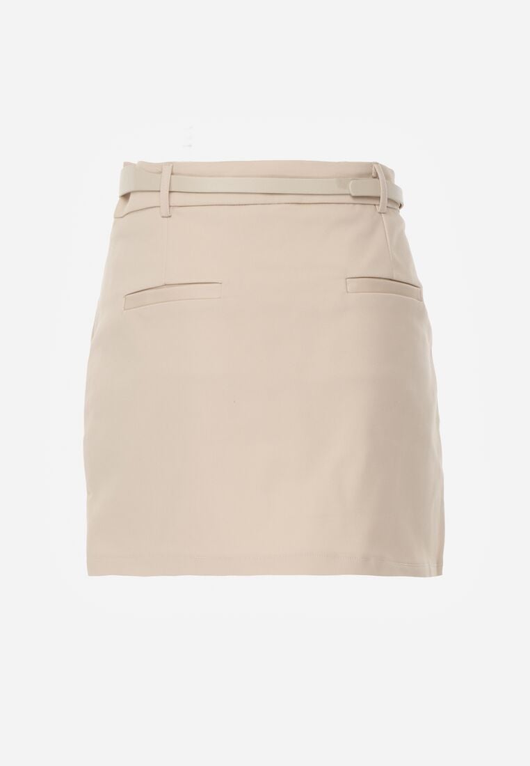 Beżowa Ołówkowa Spódnica z Bawełną z Paskiem i Podszewką Typu Szorty Vikisola 7