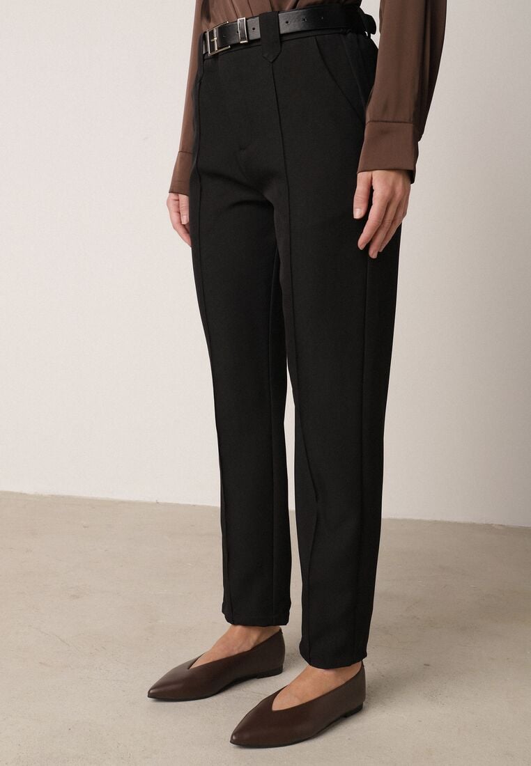 Czarne Eleganckie Spodnie Cygaretki z Wysokim Stanem i Paskiem z Klamerką Diminas 4