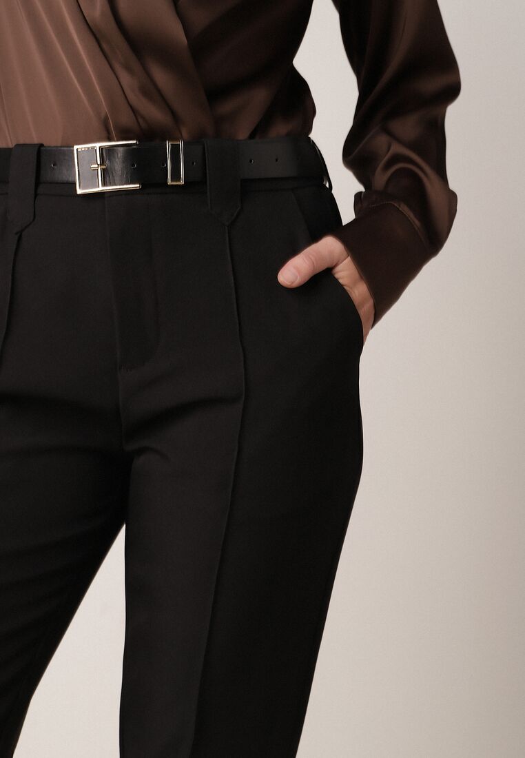 Czarne Eleganckie Spodnie Cygaretki z Wysokim Stanem i Paskiem z Klamerką Diminas 5
