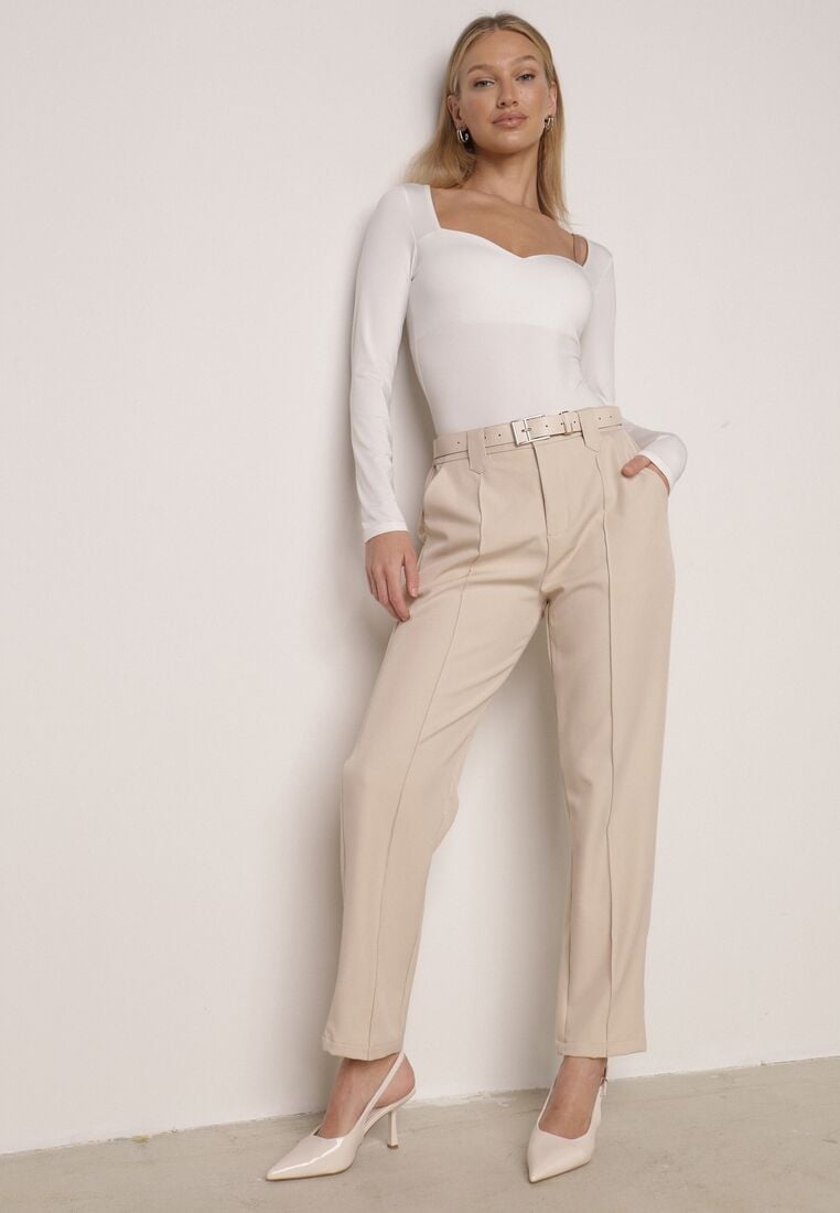 Beżowe Eleganckie Spodnie Cygaretki z Wysokim Stanem i Paskiem z Klamerką Diminas 1