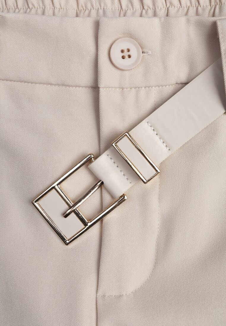 Beżowe Eleganckie Spodnie Cygaretki z Wysokim Stanem i Paskiem z Klamerką Diminas 8