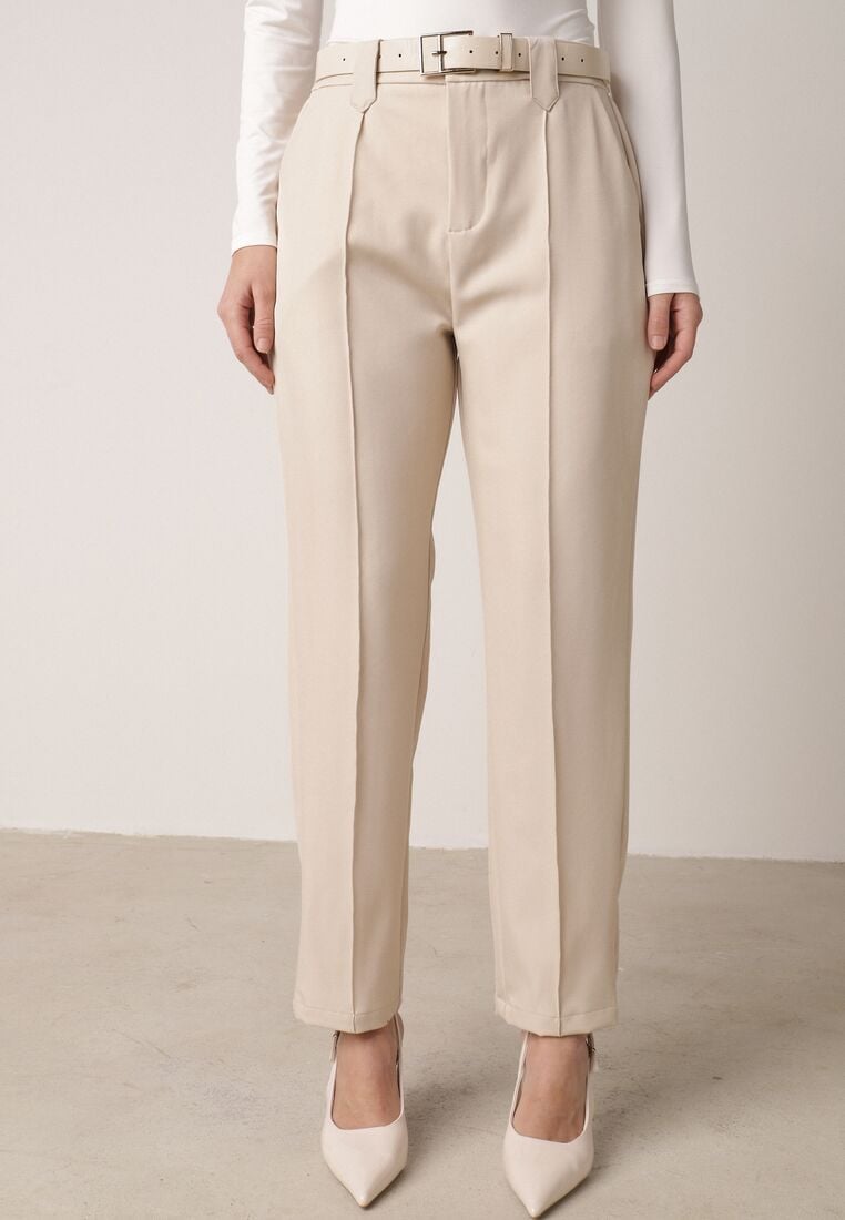 Beżowe Eleganckie Spodnie Cygaretki z Wysokim Stanem i Paskiem z Klamerką Diminas 2