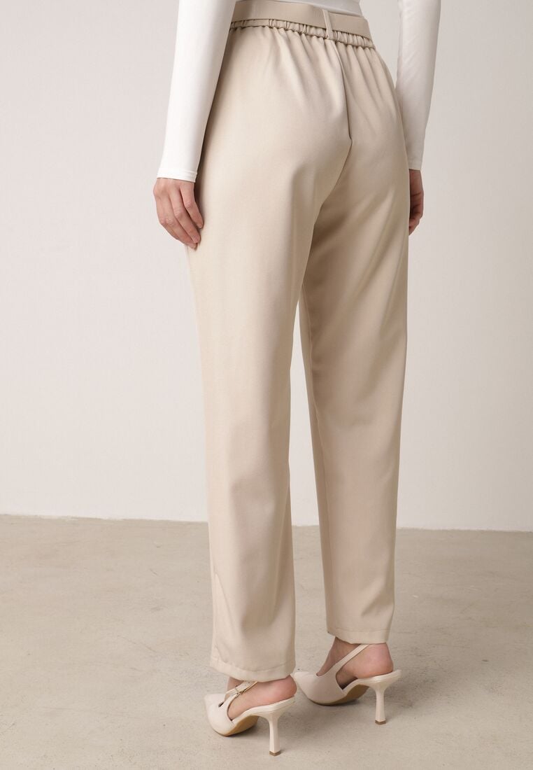 Beżowe Eleganckie Spodnie Cygaretki z Wysokim Stanem i Paskiem z Klamerką Diminas 3