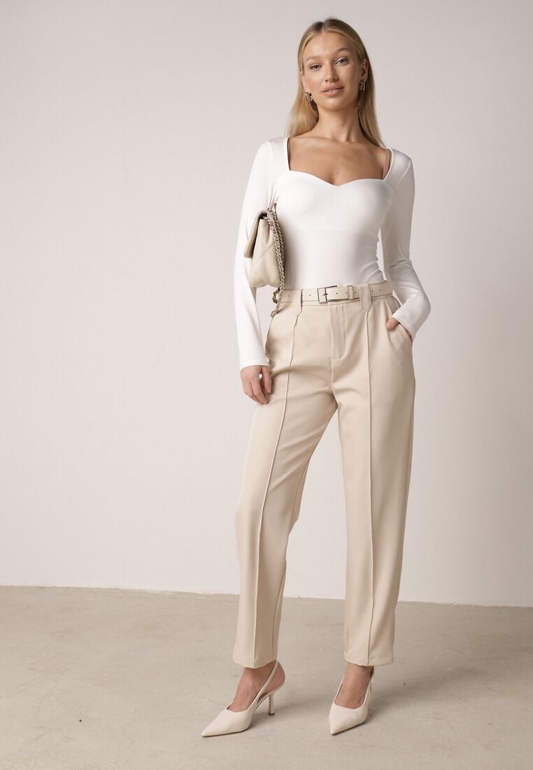 Beżowe Eleganckie Spodnie Cygaretki z Wysokim Stanem i Paskiem z Klamerką Diminas 4