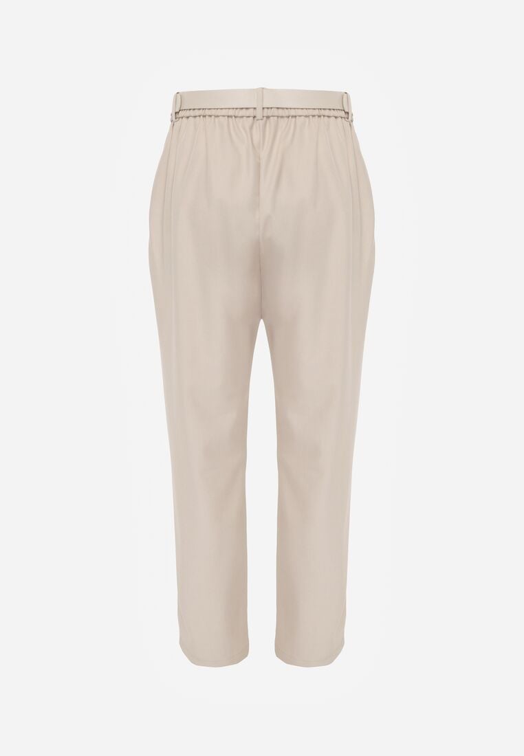 Beżowe Eleganckie Spodnie Cygaretki z Wysokim Stanem i Paskiem z Klamerką Diminas 7