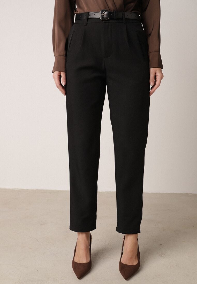 Czarne Spodnie Typu Cygaretki z Wysokim Stanem Paskiem i Klamrą Półksiężycem Vikirae 2