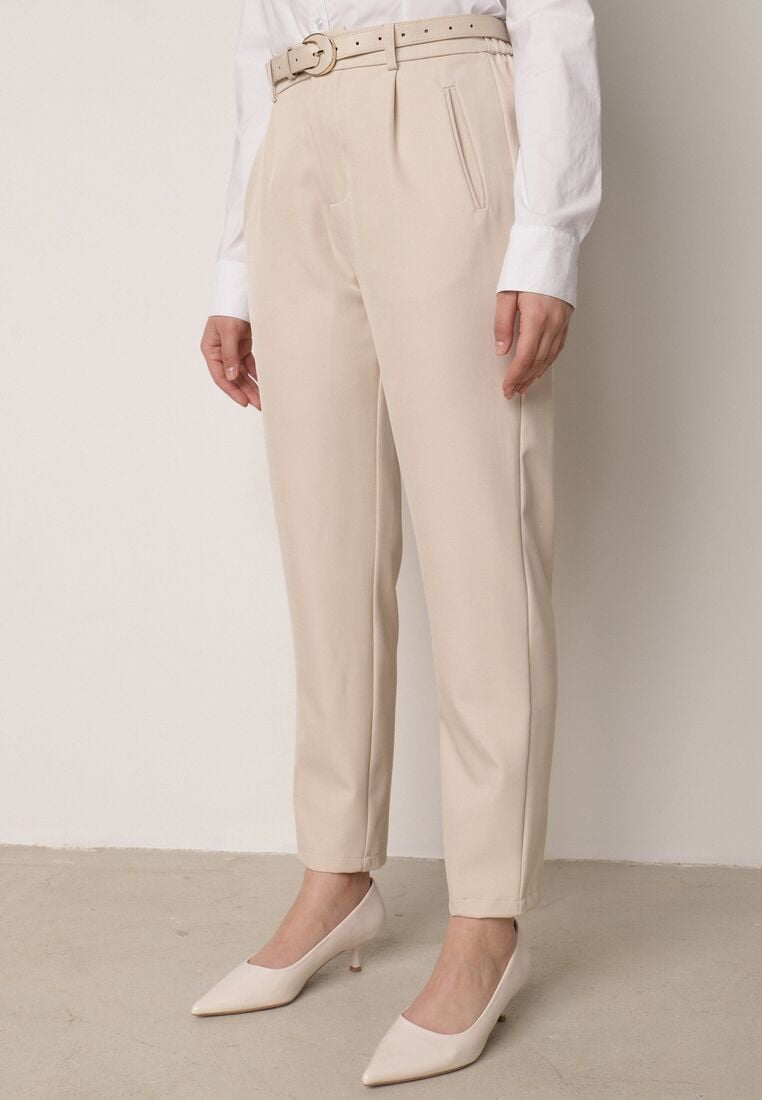 Beżowe Spodnie Typu Cygaretki z Wysokim Stanem Paskiem i Klamrą Półksiężycem Vikirae 2