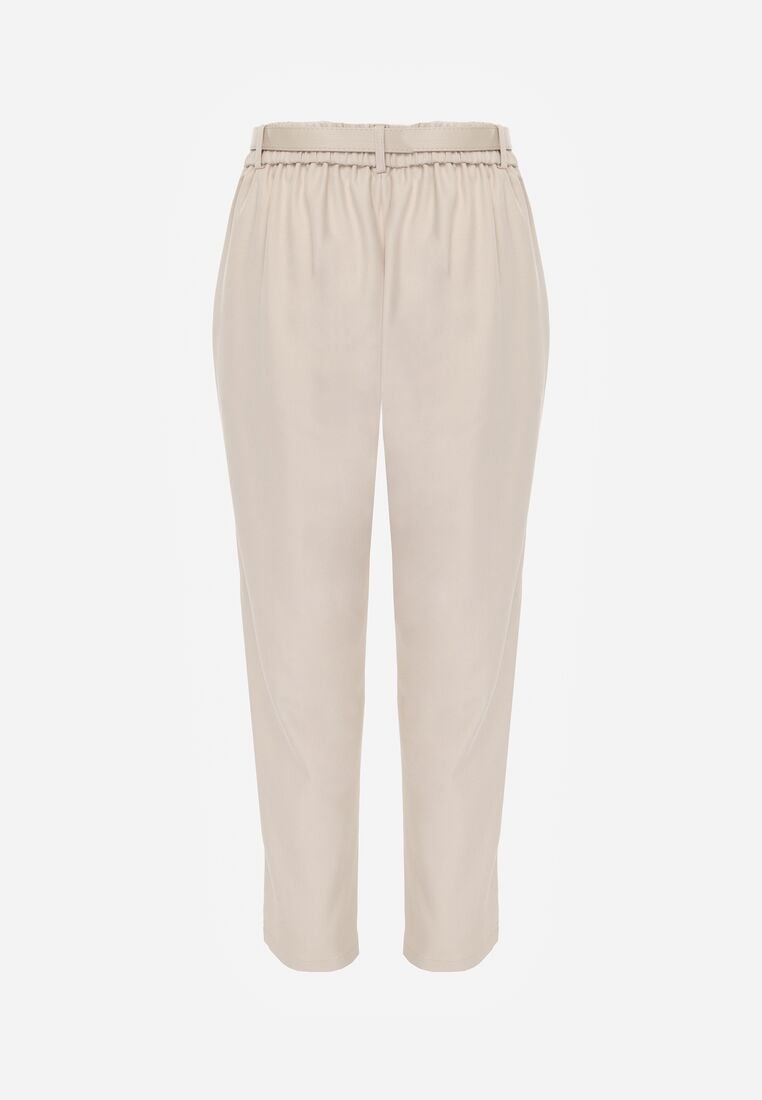 Beżowe Spodnie Typu Cygaretki z Wysokim Stanem Paskiem i Klamrą Półksiężycem Vikirae 7